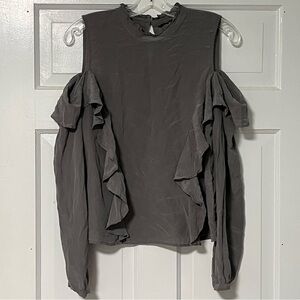 Lucky Brand Charcoal silk Ruffle Sleeve cold shoulder long sleeve Blouse